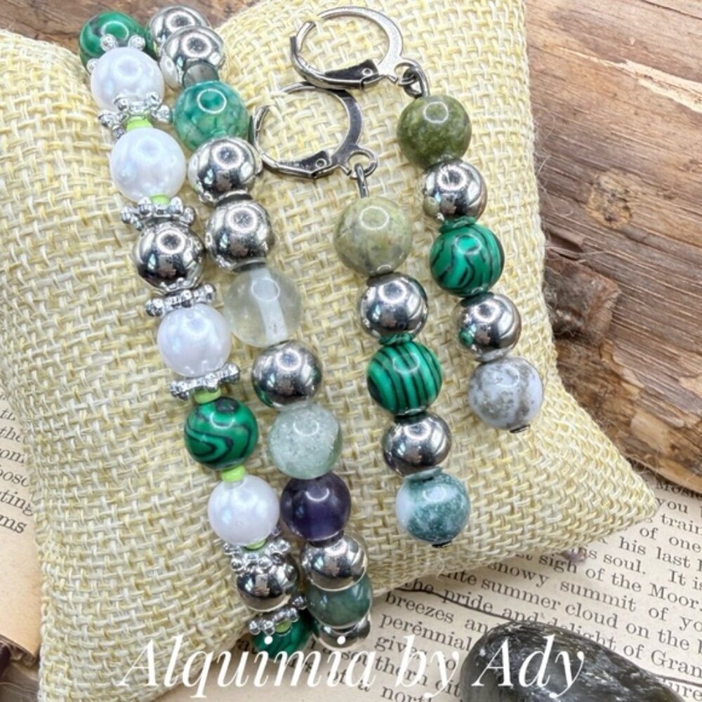 Gemstone & Pearl Bead Set | Green Bracelet Stack + Statement Earrings | Artisan